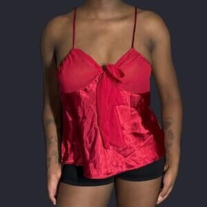 Red silk satin bow tie top